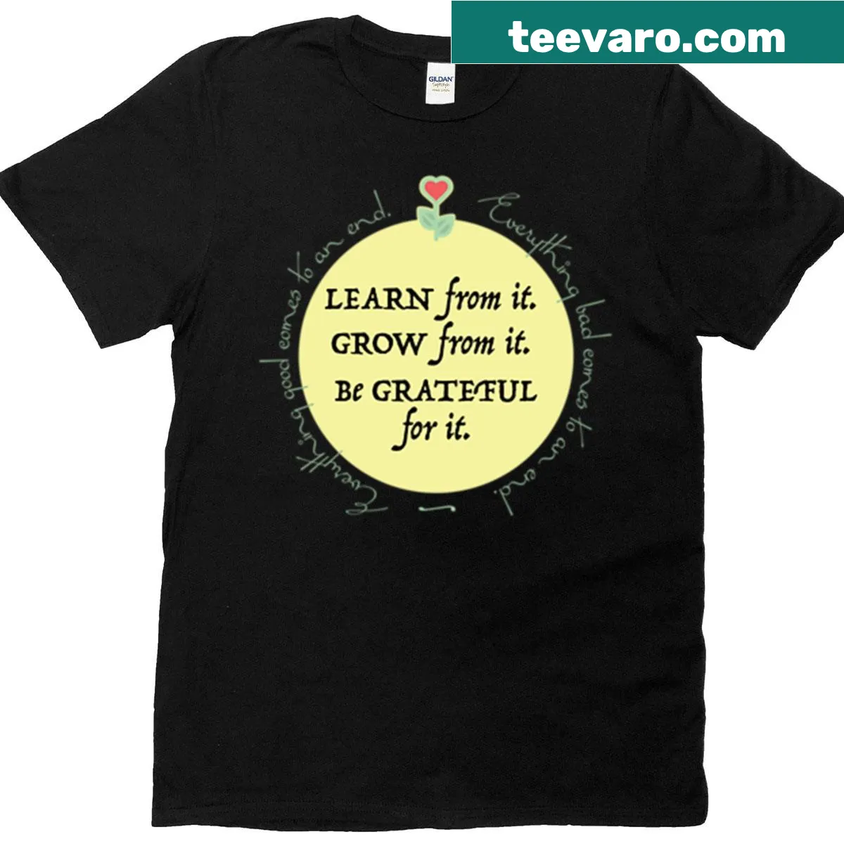 Inspirational t-shirt featuring 'Learn, Grow, Be Grateful' text — on a men's t-shirt