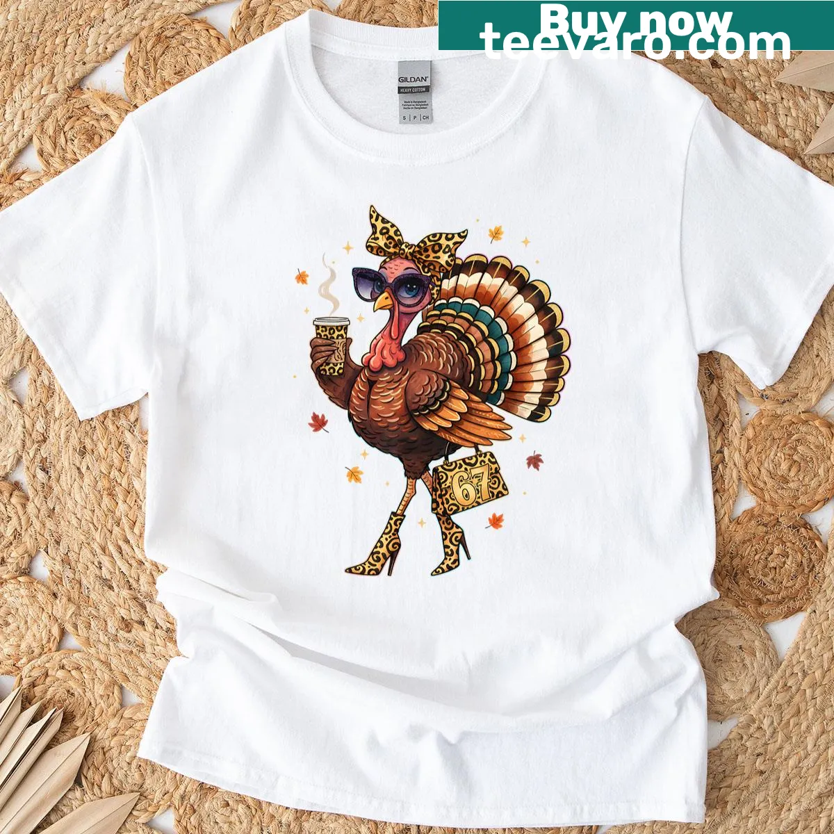 Funny Thanksgiving t-shirt with leopard and coffee design — on a men's t-shirt