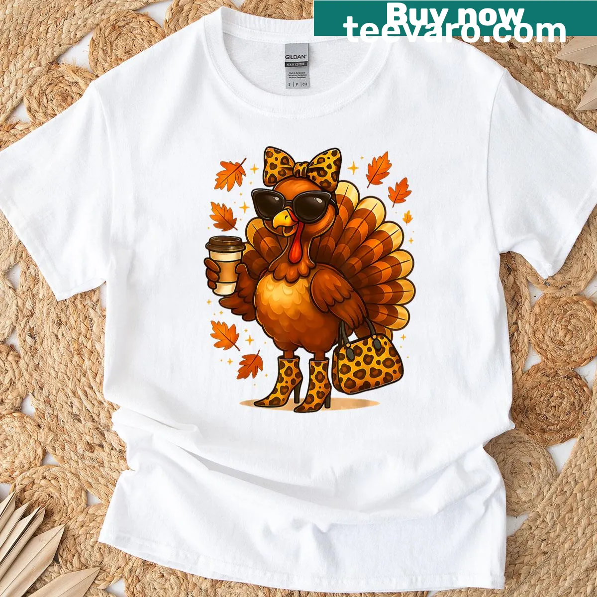 Cartoon turkey in leopard print for a fun Thanksgiving T-shirt — on a men's t-shirt