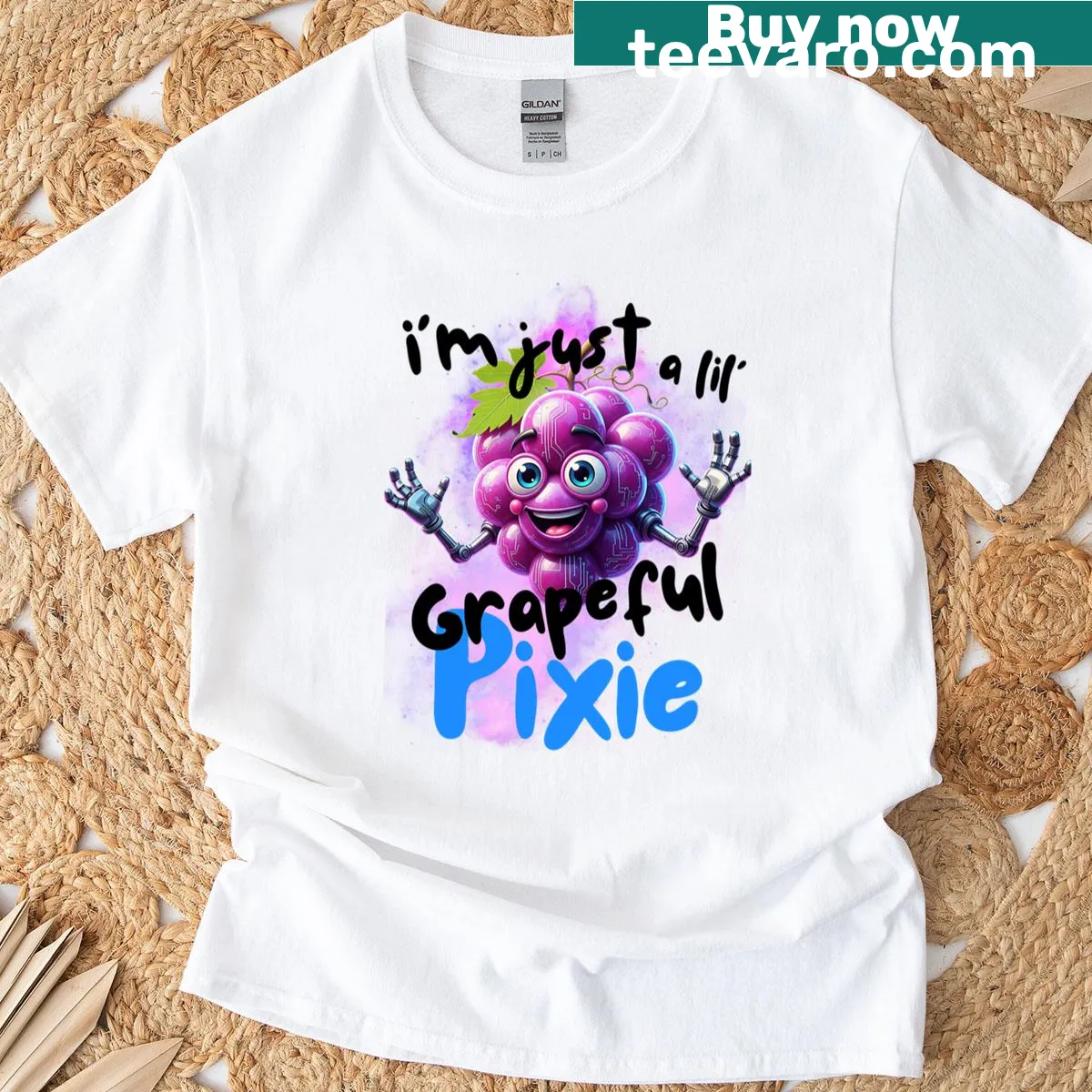 Funny t-shirt featuring a cartoon pixie with grapes design — on a men's t-shirt
