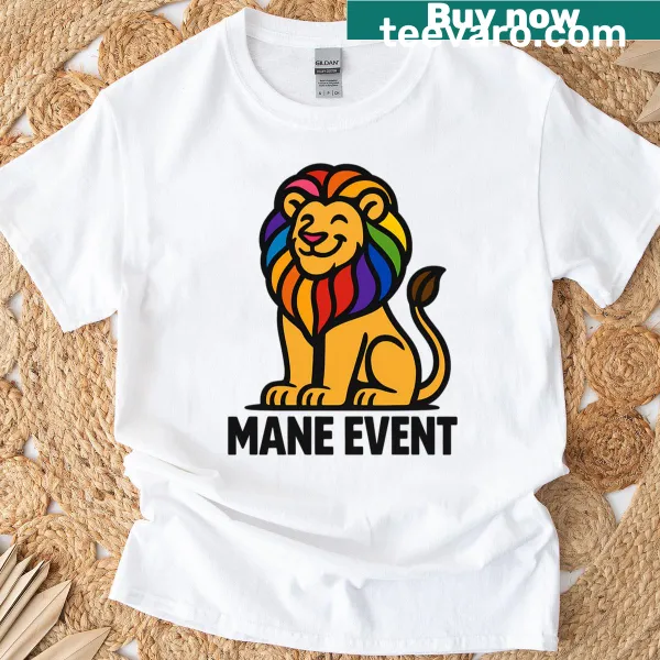Lion illustration T-shirt featuring a rainbow mane design