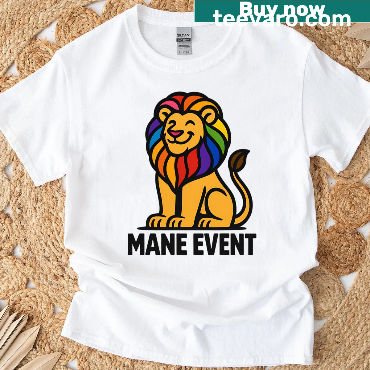 Lion illustration T-shirt featuring a rainbow mane design — on a men's t-shirt