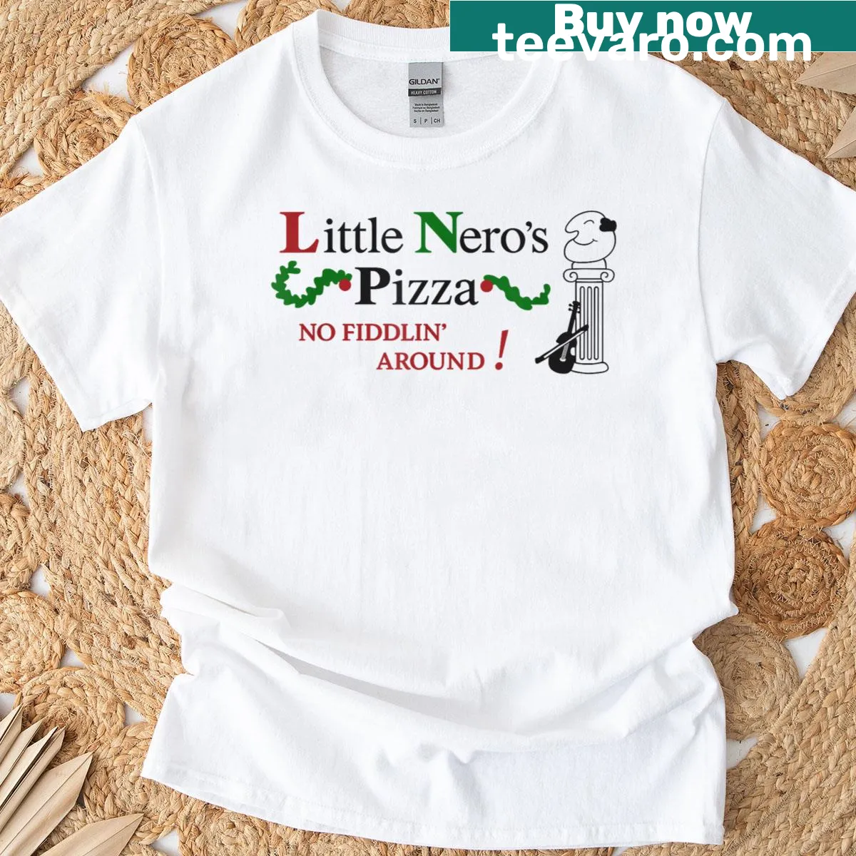 Vintage-style Little Nero's Pizza graphic T-shirt — on a men's t-shirt