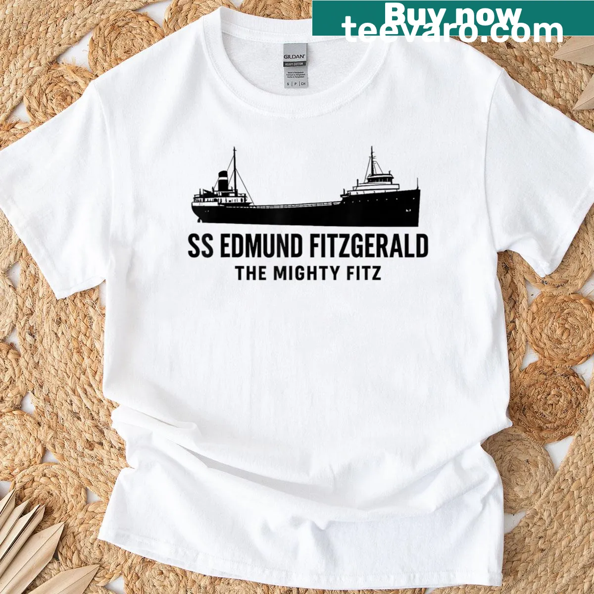 Illustration of the Edmund Fitzgerald on Lake Superior — on a men's t-shirt