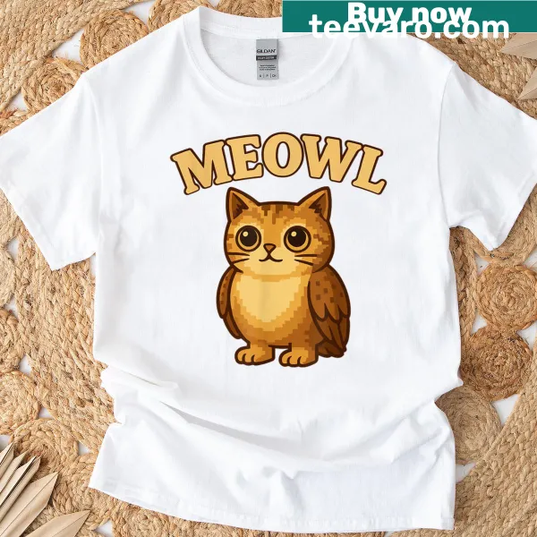 Funny cartoon graphic combining a cat and an owl on a T-shirt
