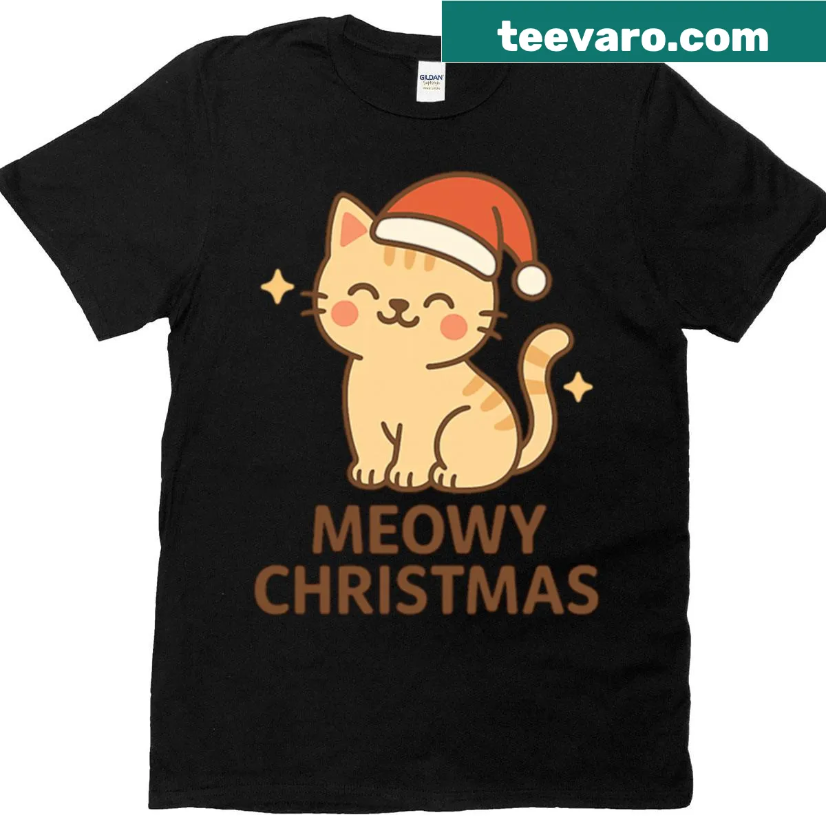 Kawaii Christmas cat design with Santa hat and festive elements — on a men's t-shirt