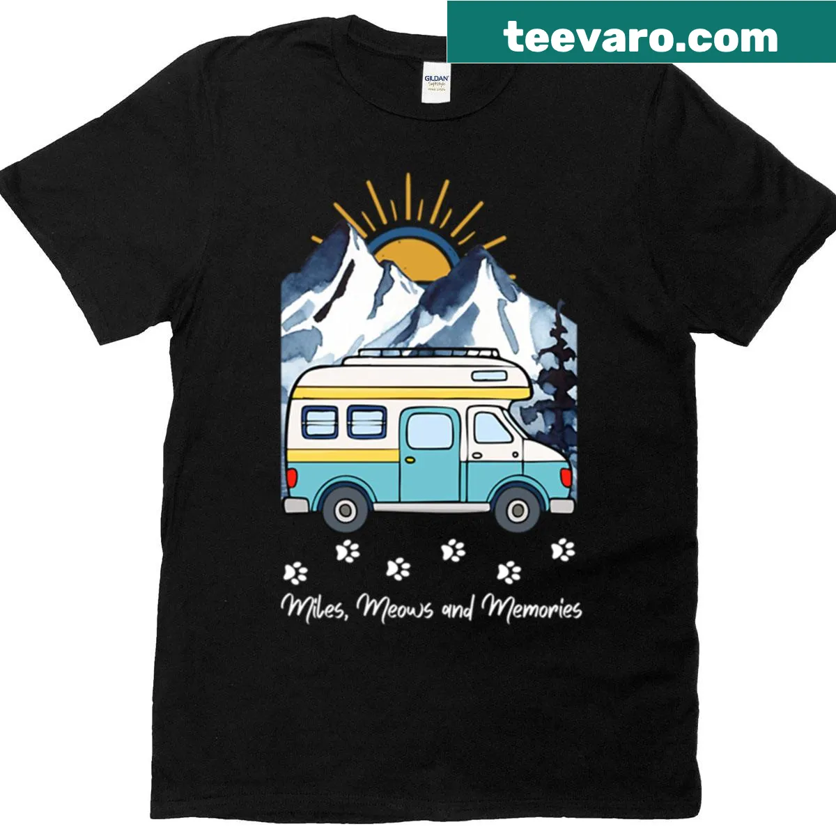 RV and cat design with 'Miles Meows And Memories' text — on a men's t-shirt