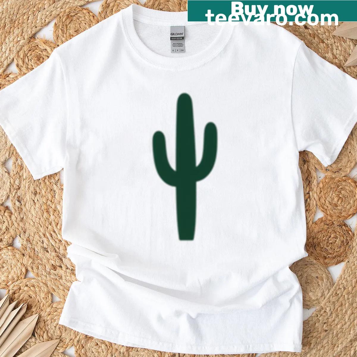 Minimalist line-art cactus graphic on shirt — on a men's t-shirt