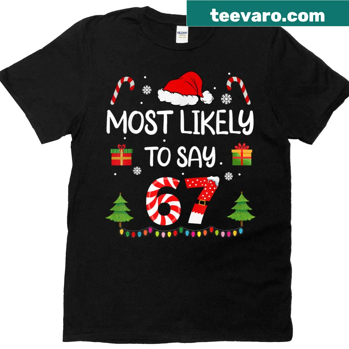 Funny Christmas t-shirt with Most Likely To Say meme text — on a men's t-shirt