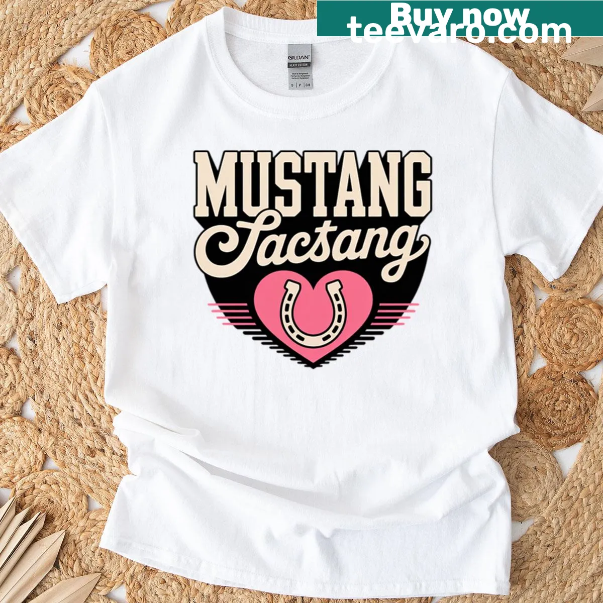 Illustrated t-shirt celebrating Mustang horse motherhood — on a men's t-shirt