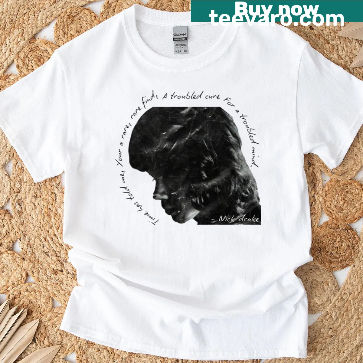 Artistic design inspired by Nick Drake on shirt — on a men's t-shirt