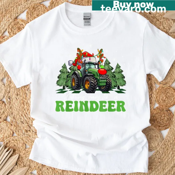 Funny Christmas t-shirt with reindeer and tractor design