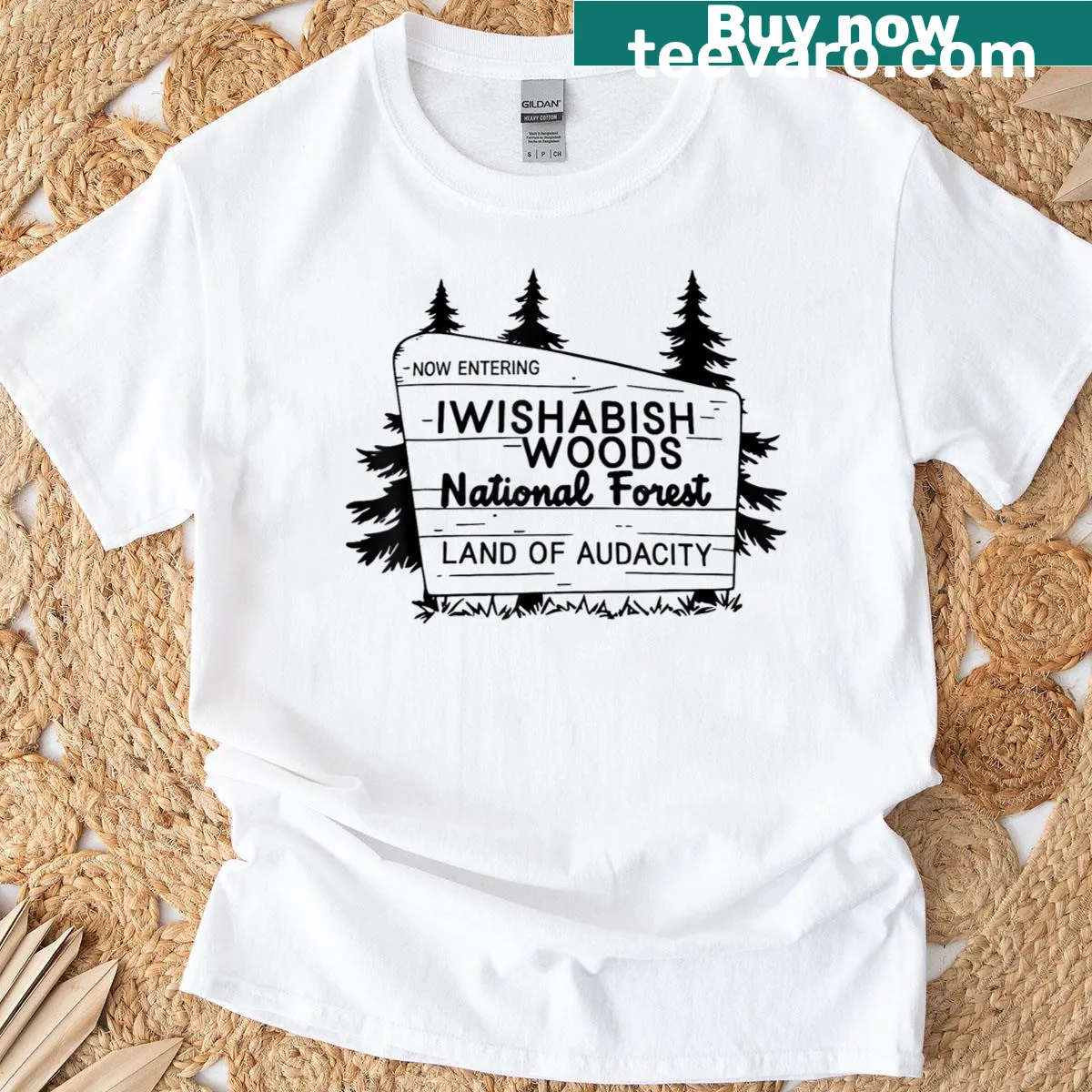 Illustration of a national forest sign with bold lettering — on a men's t-shirt