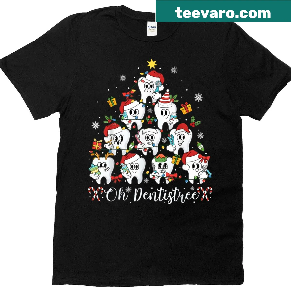 Humorous Christmas shirt with a dental theme. — on a men's t-shirt