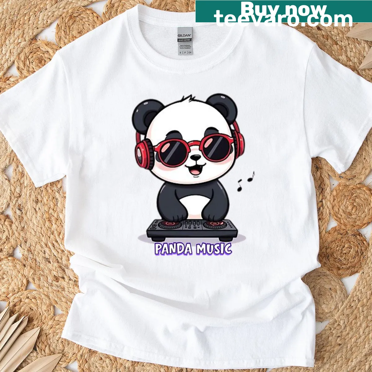 Adorable panda DJ design with headphones and music elements — on a men's t-shirt