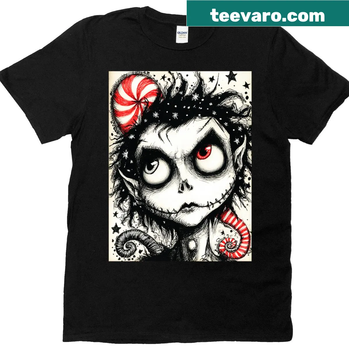 Engaging peppermint-themed holiday T-shirt with charming illustrations — on a men's t-shirt