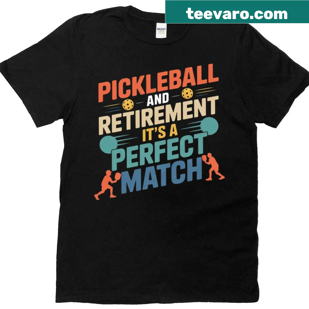 Playful t-shirt about pickleball and retirement — on a men's t-shirt