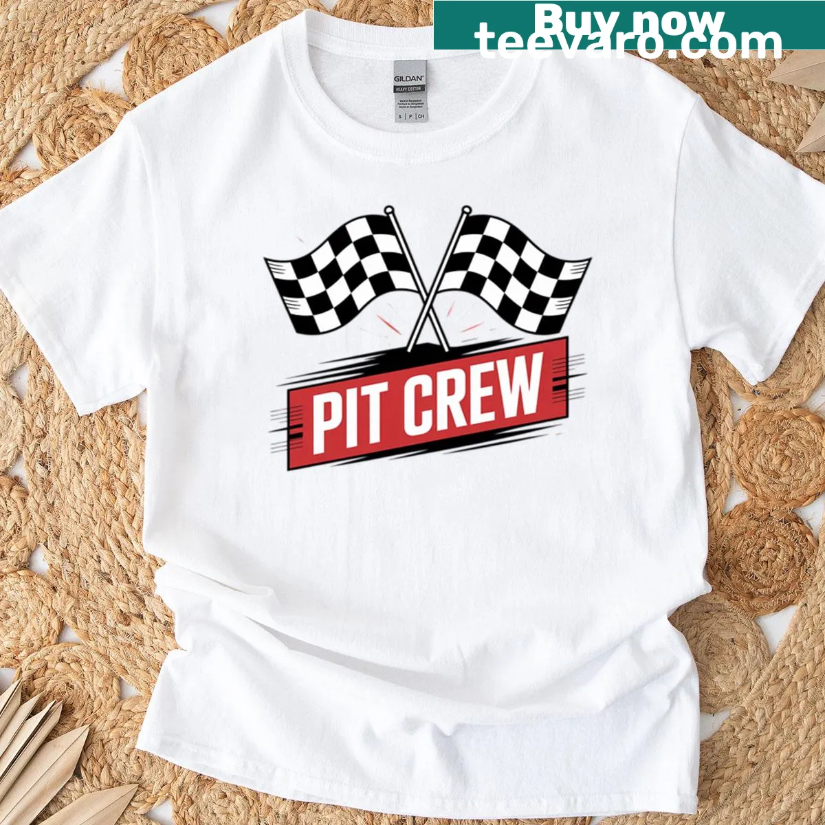 Cartoon pit crew racing car design on T-shirt — on a men's t-shirt