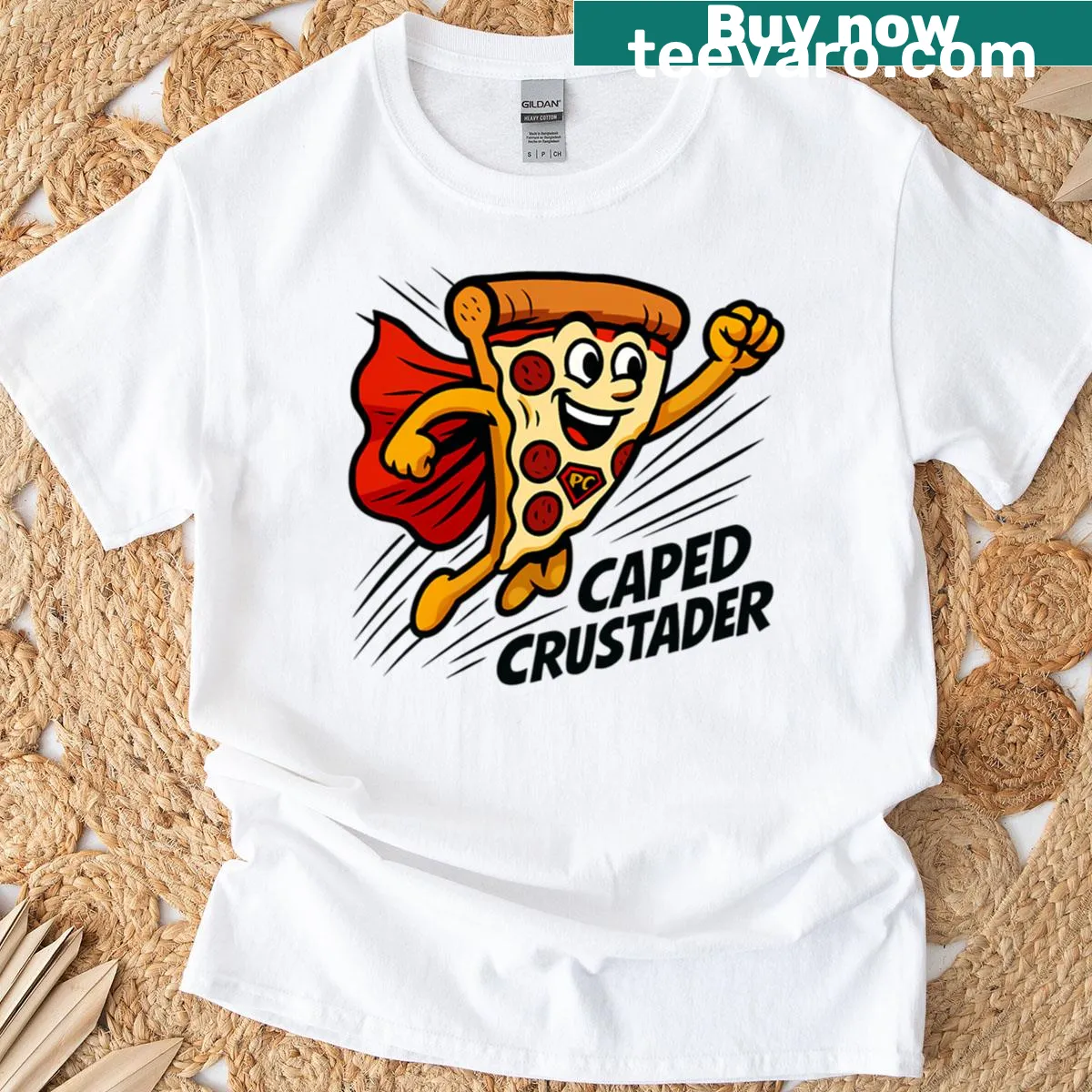 Pizza superhero in a flying cape on a t-shirt — on a men's t-shirt