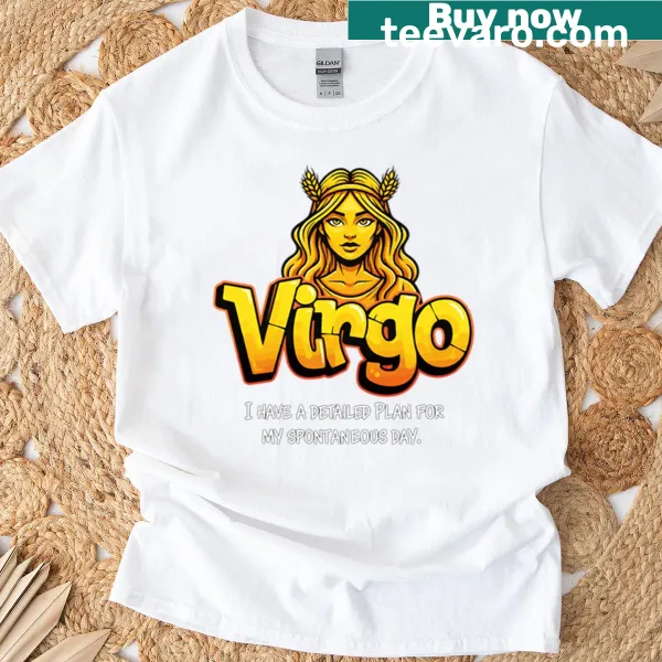 Edgy t-shirt featuring 'Planned Spontaneity Virgo' text in grunge style