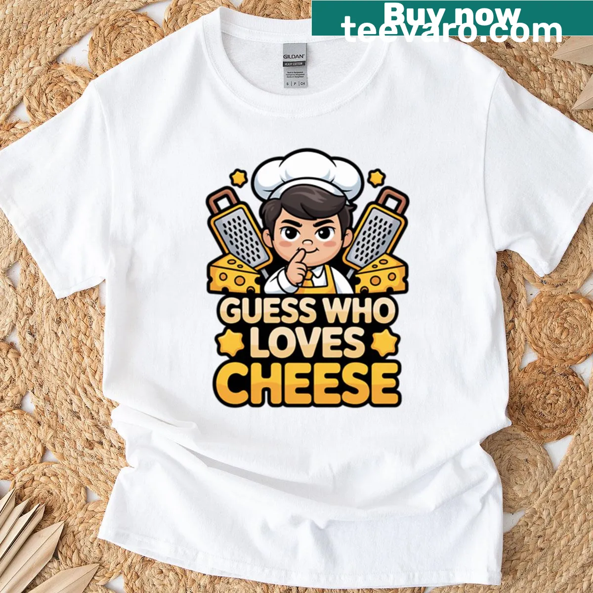 Cute cartoon chef with cheese illustrations on T-shirt — on a men's t-shirt