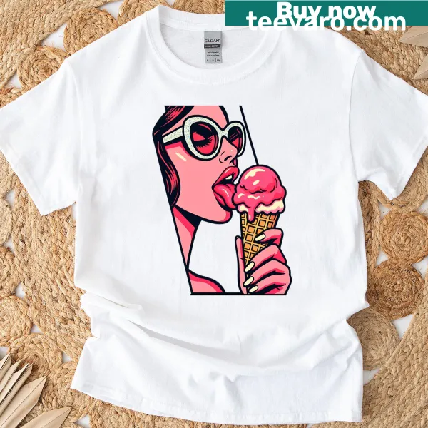Cartoon girl enjoying pink ice cream on a t-shirt