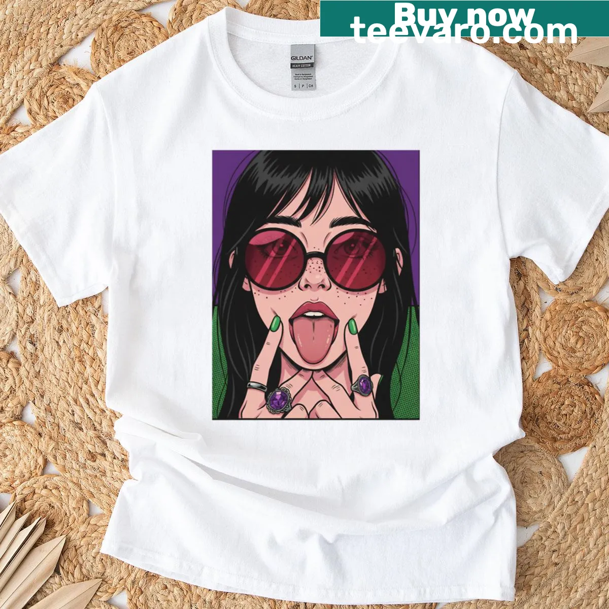 Edgy Pop-goth T-shirt featuring a girl with round shades — on a men's t-shirt