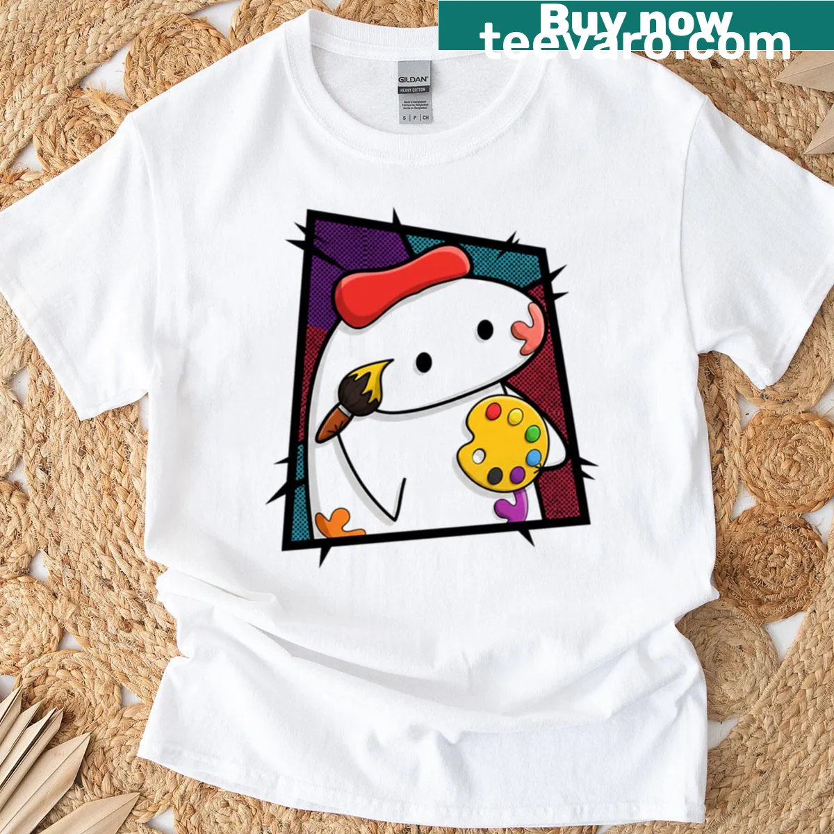 T-shirt featuring a painter with palette and brush illustration — on a men's t-shirt
