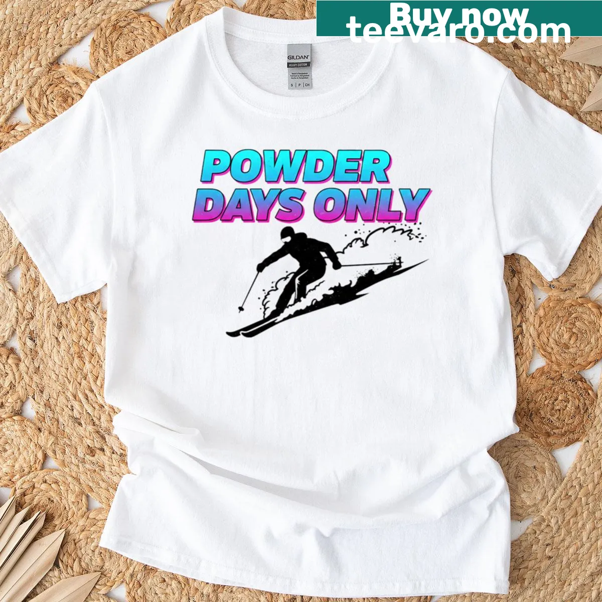Winter-themed T-shirt with Powder Days Only text — on a men's t-shirt
