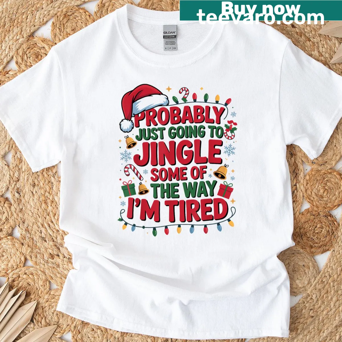 Playful T-shirt with jingle-themed text for holiday wear — on a men's t-shirt