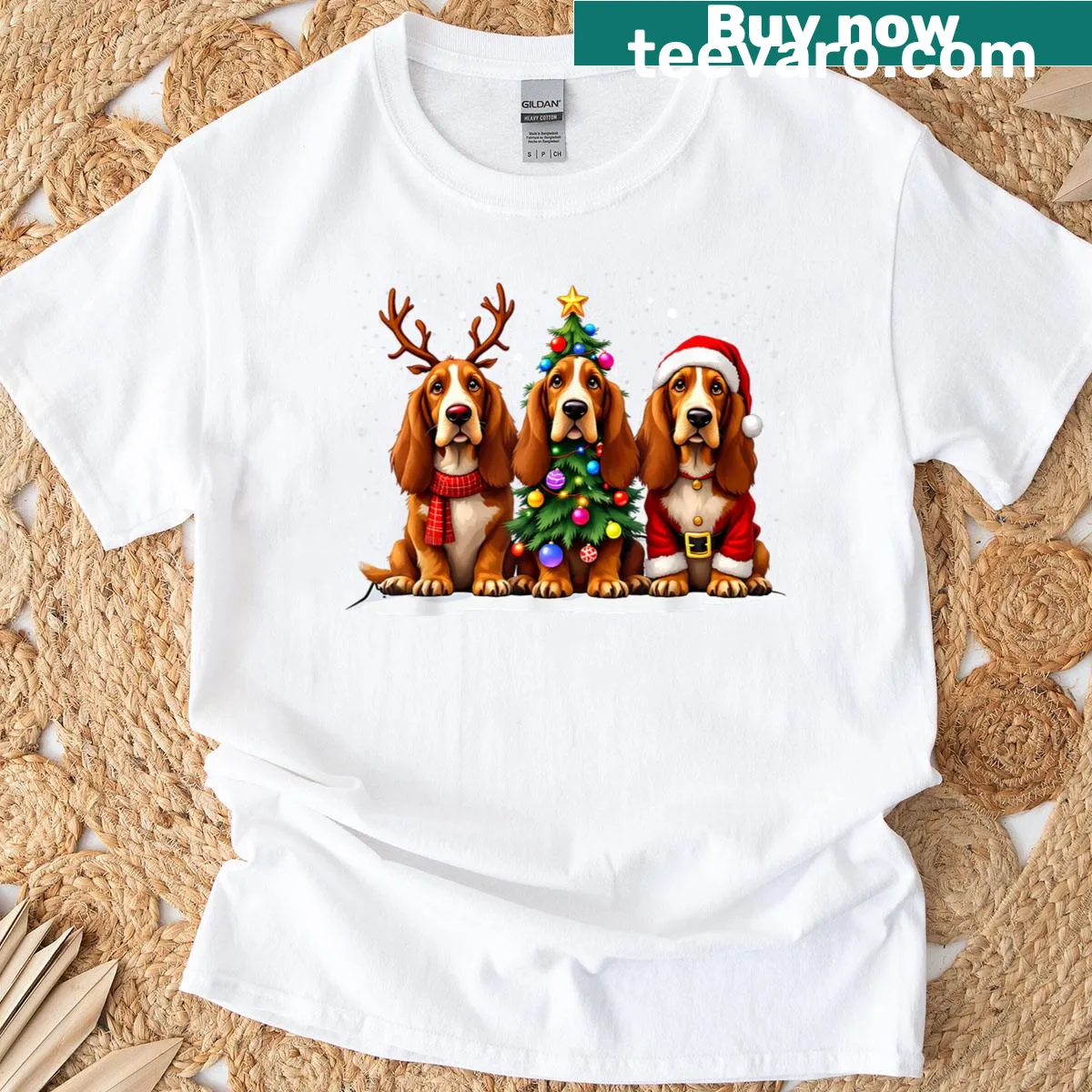 Vintage-style T-shirt with a Basset Hound as Santa — on a men's t-shirt