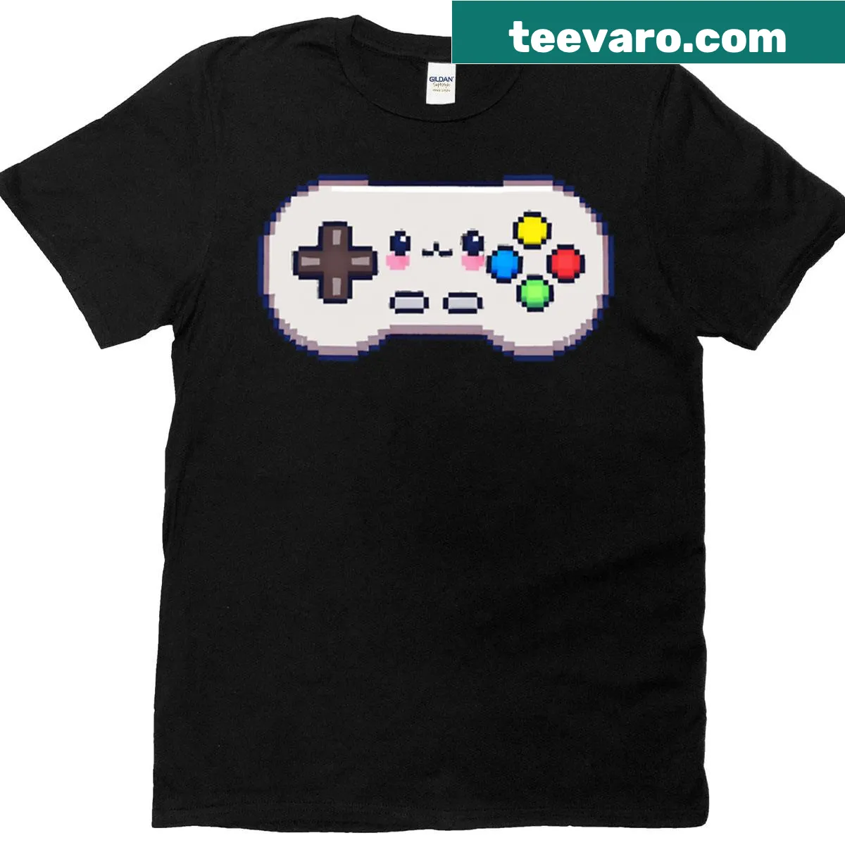 Pixel art gaming controller illustration on a retro T-shirt — on a men's t-shirt