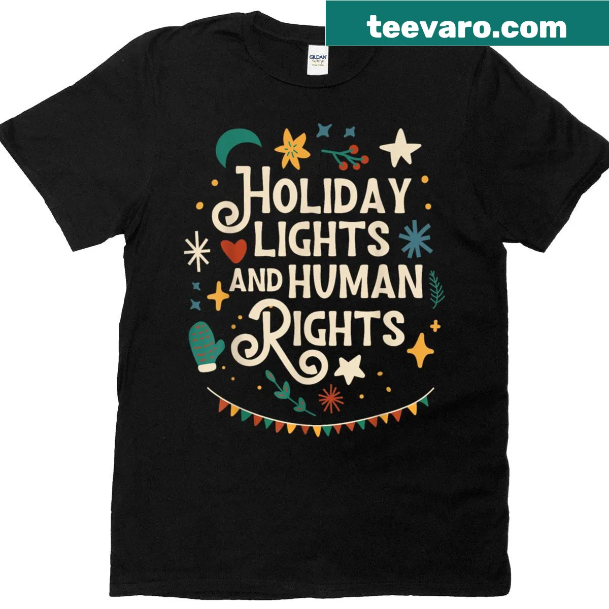 Retro holiday lights and human rights message on T-shirt — on a men's t-shirt