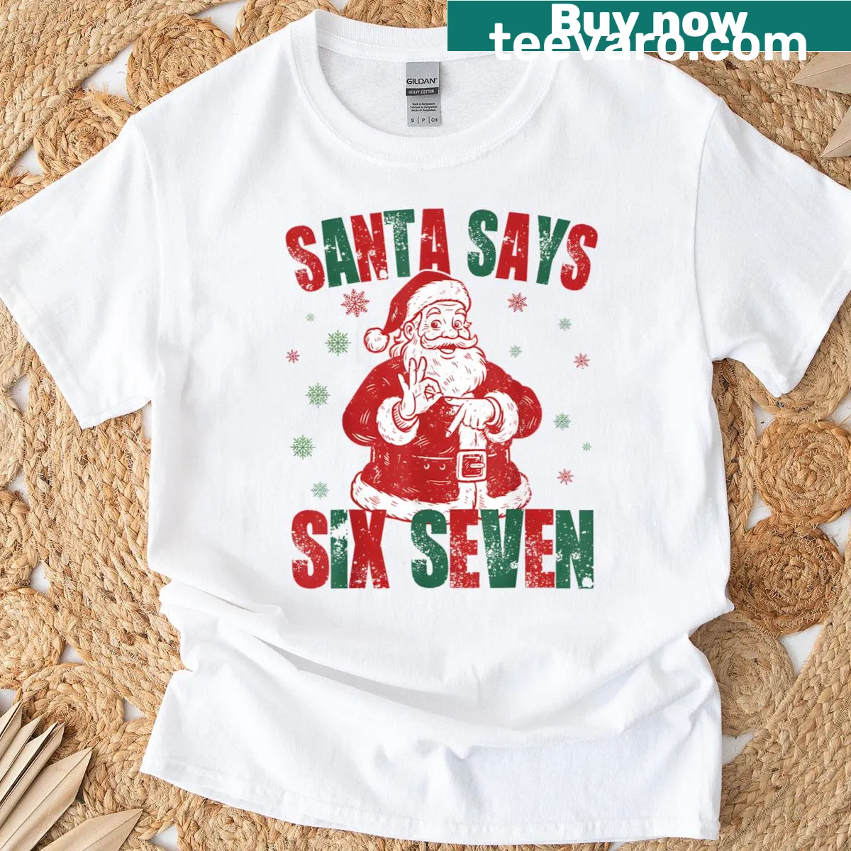 Retro Santa t-shirt featuring the phrase 'Six Seven 67' in a humorous font — on a men's t-shirt