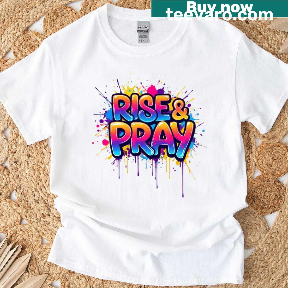 T-shirt featuring bold graffiti-style 'Rise Pray' text design. — on a men's t-shirt