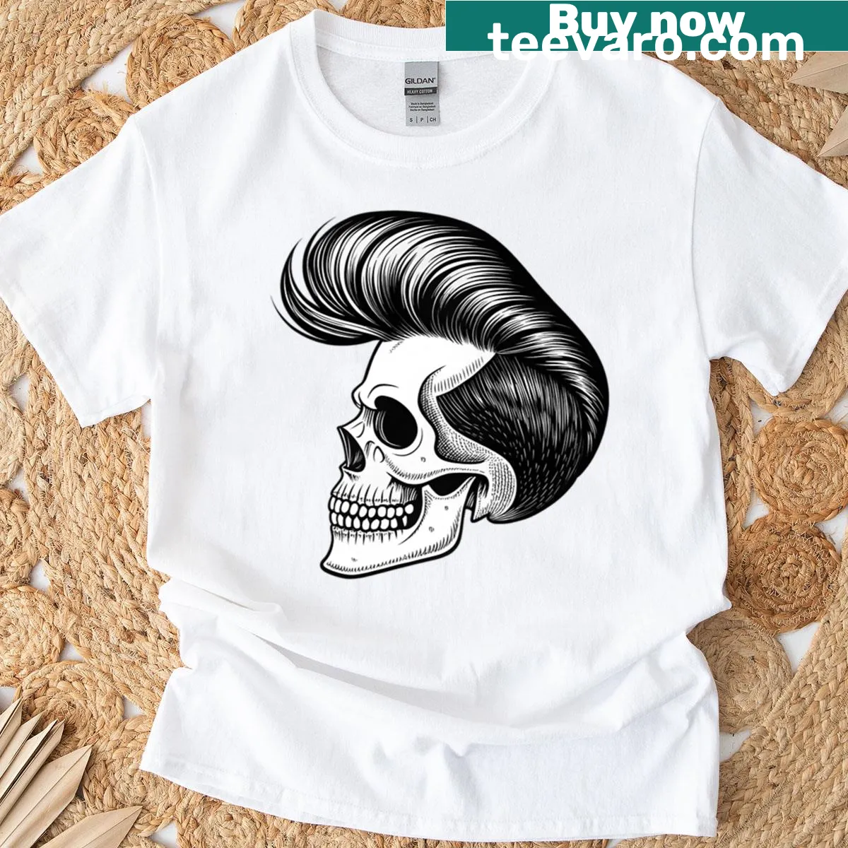 Skull tattoo design with a massive pompadour hairstyle on T-shirt — on a men's t-shirt