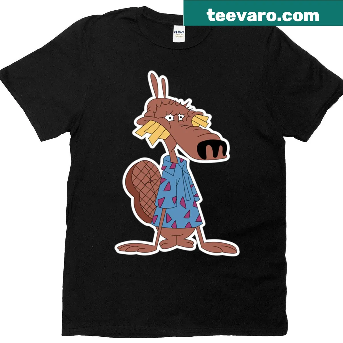 Illustrated t-shirt inspired by Rolo Rockos Modern Life theme — on a men's t-shirt