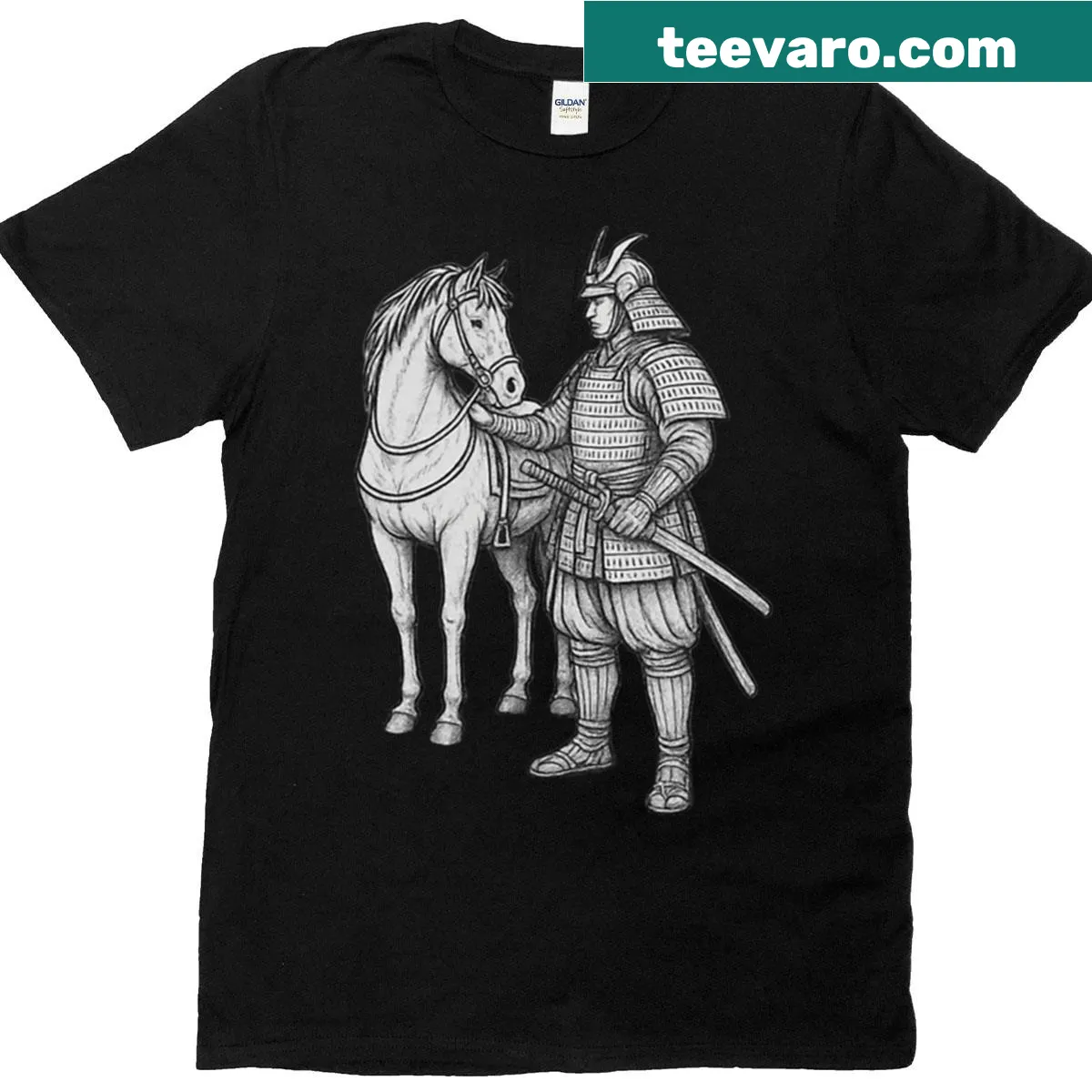 Illustrative T-shirt depicting a samurai with his loyal horse in a bond of friendship. — on a men's t-shirt