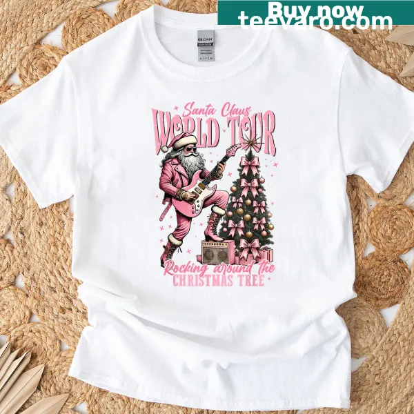 Funny Christmas shirt with Santa on a world tour around a tree