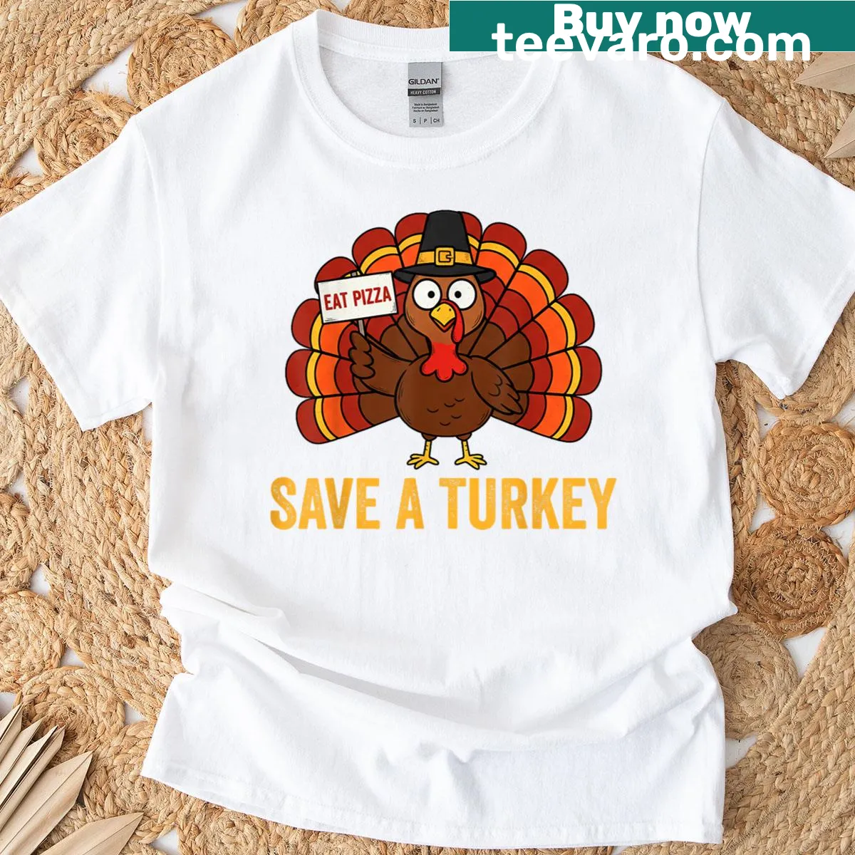 Funny Thanksgiving shirt with text about saving turkeys for pizza — on a men's t-shirt