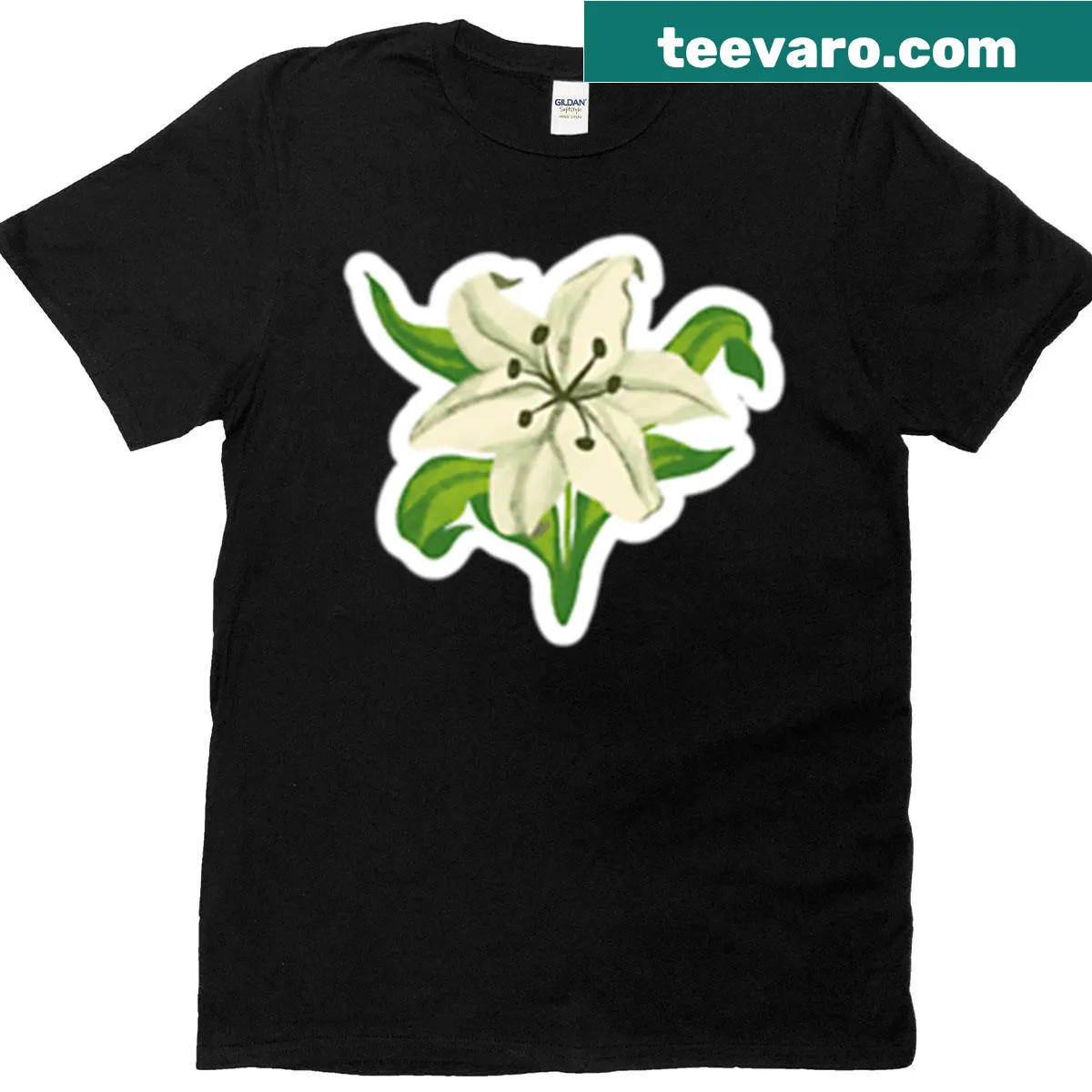 Illustrated T-shirt featuring lilies and crafting supplies — on a men's t-shirt