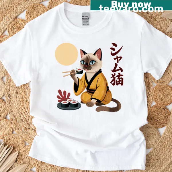 Kawaii T-shirt featuring a Siamese cat in a kimono eating sushi