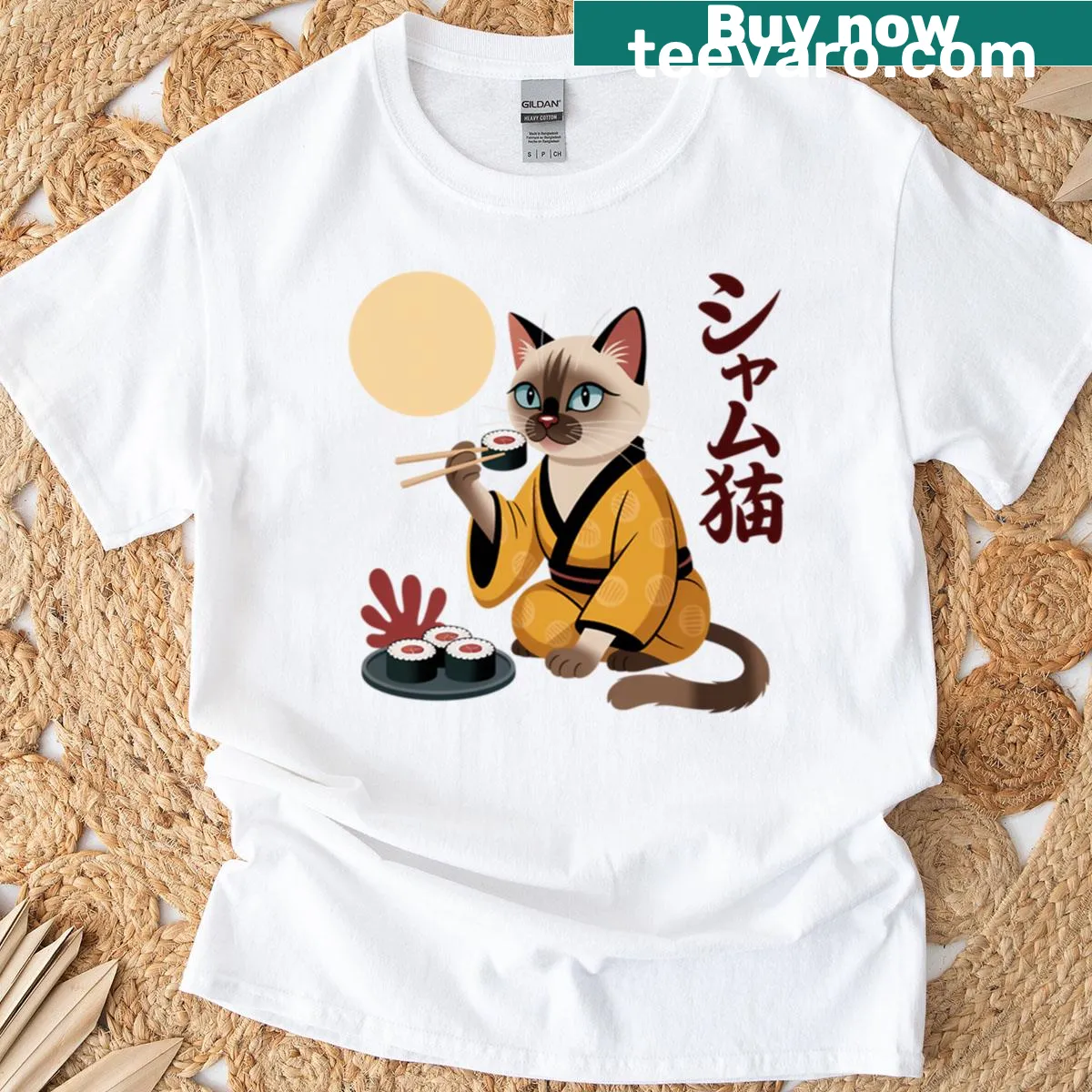 Kawaii T-shirt featuring a Siamese cat in a kimono eating sushi — on a men's t-shirt