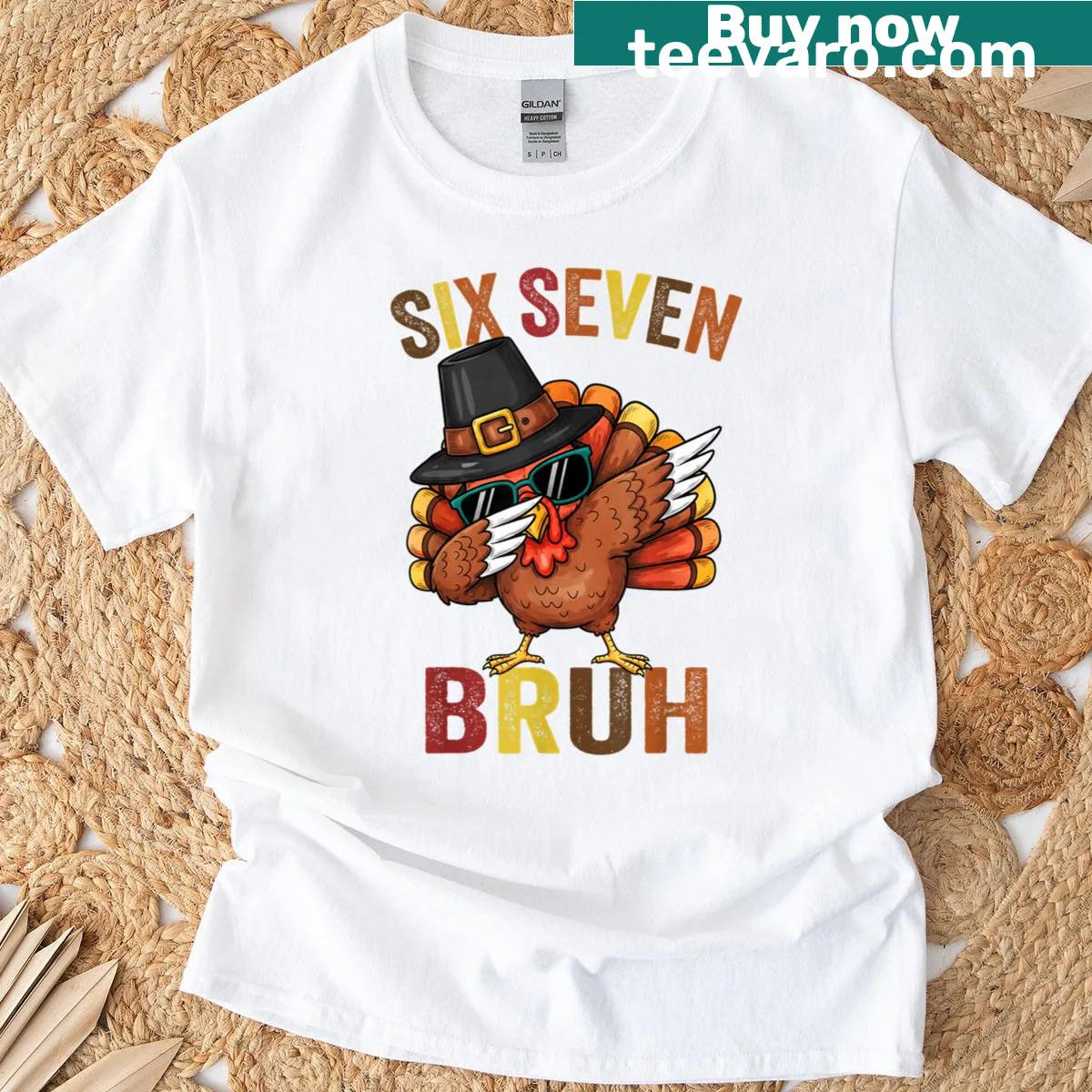Funny Thanksgiving t-shirt with 'Six Seven Bruh' turkey dab meme — on a men's t-shirt