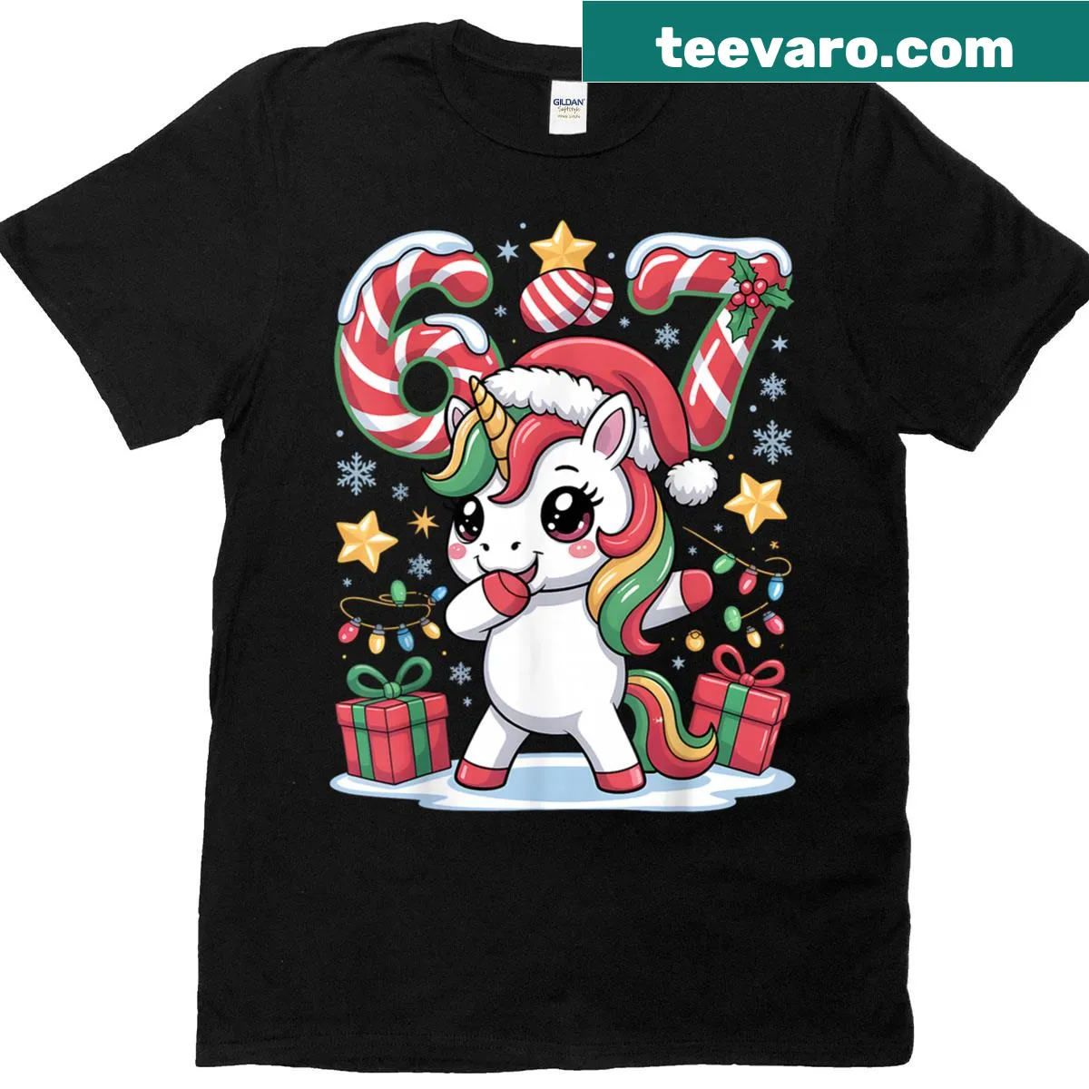 Cute Christmas unicorn meme T-shirt with Six Seven text — on a men's t-shirt