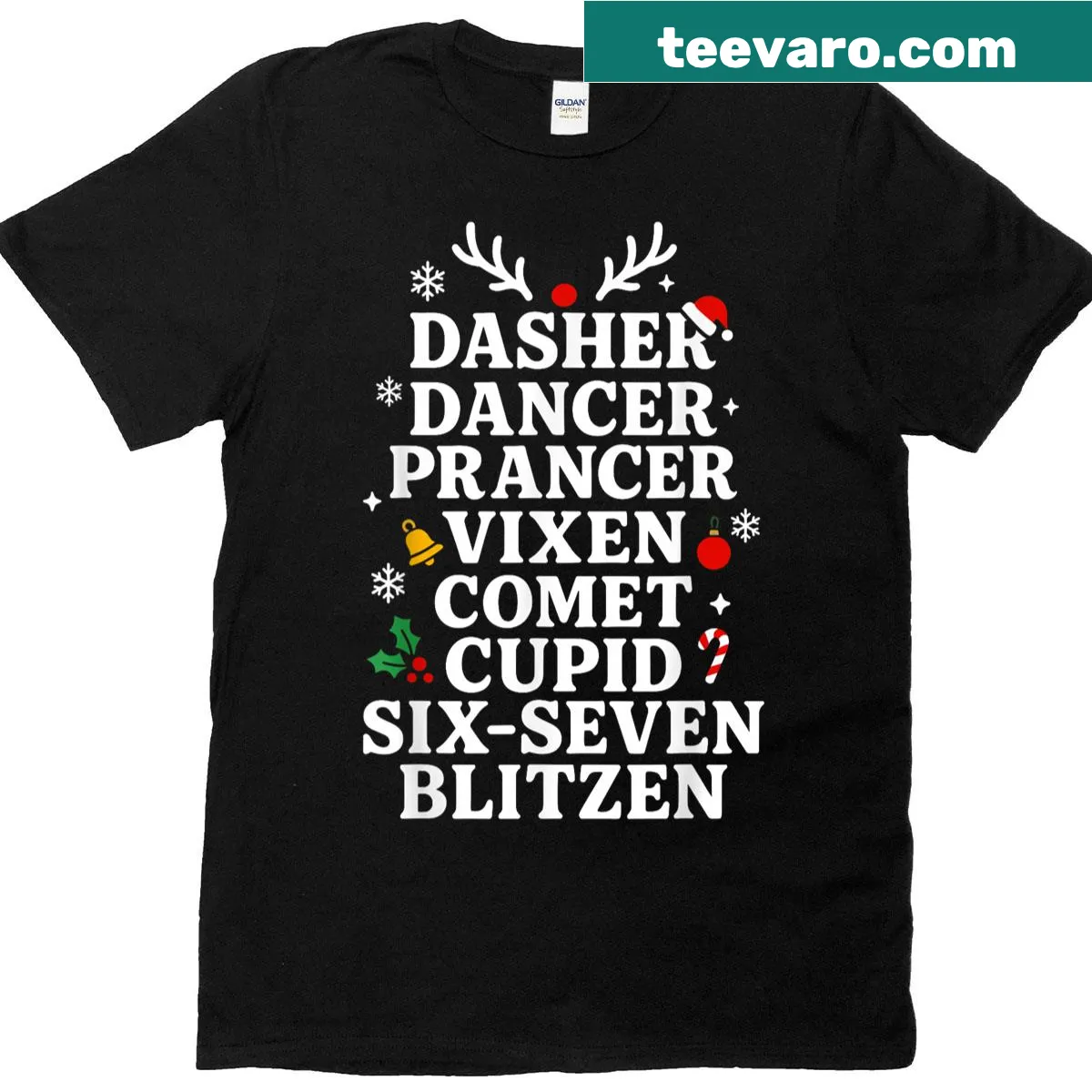 Funny Christmas t-shirt with Six Seven reindeer meme design — on a men's t-shirt