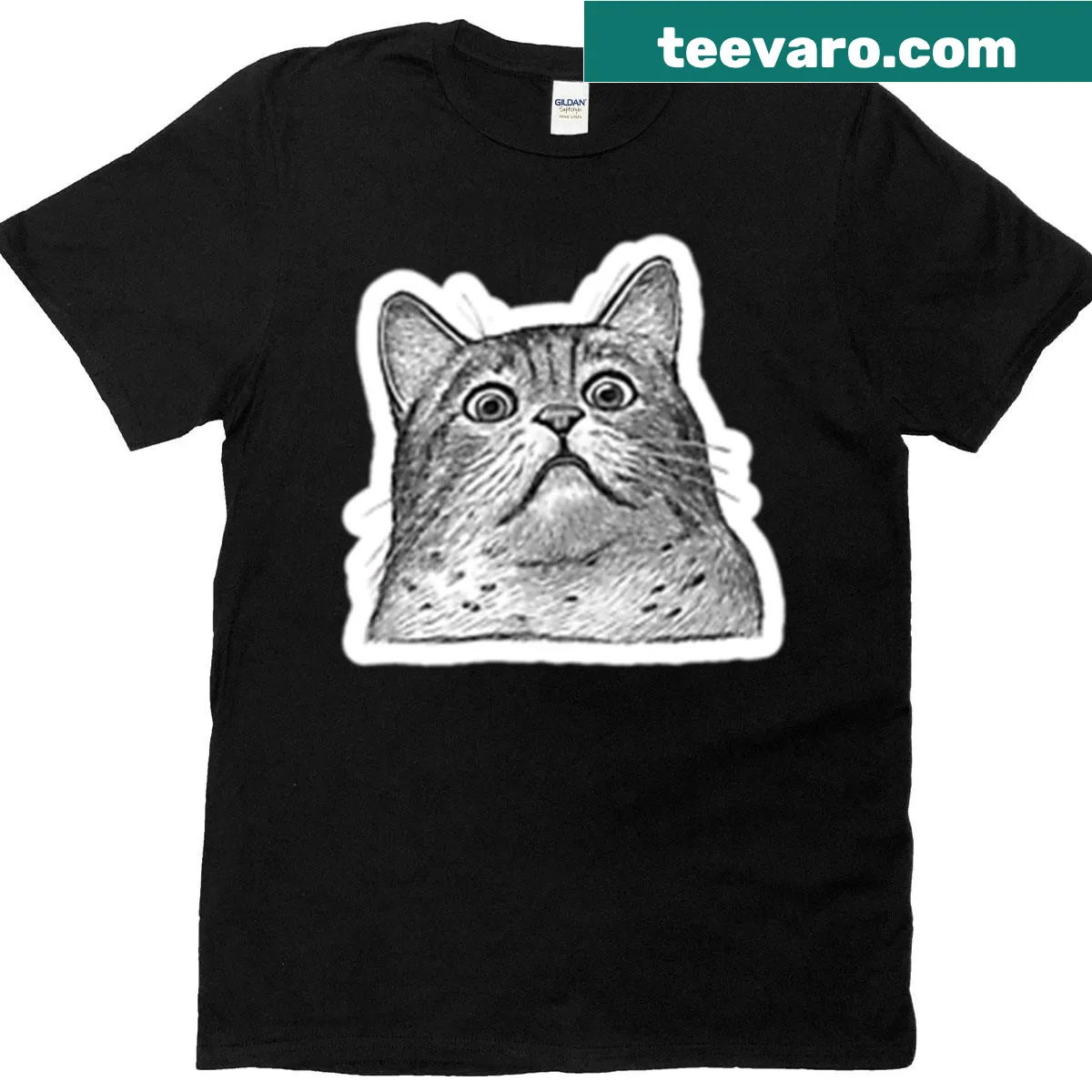 Cartoon-style horrified kitty graphic on T-shirt — on a men's t-shirt