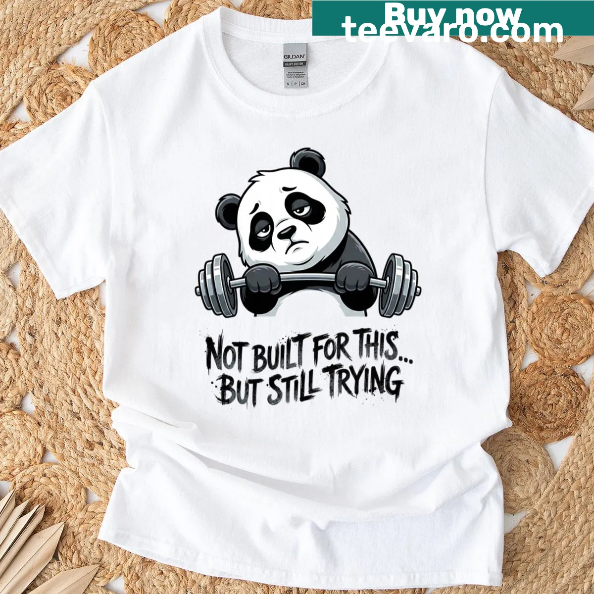 Cartoon panda t-shirt depicting a sleepy panda with a funny fitness theme — on a men's t-shirt