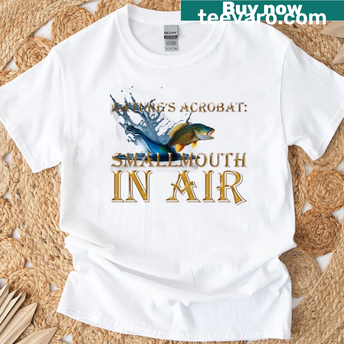 Illustration of a smallmouth bass leaping out of the water on a t-shirt — on a men's t-shirt