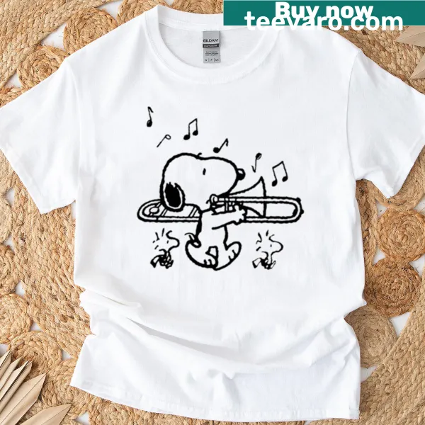 Snoopy cartoon playing trombone on a t-shirt